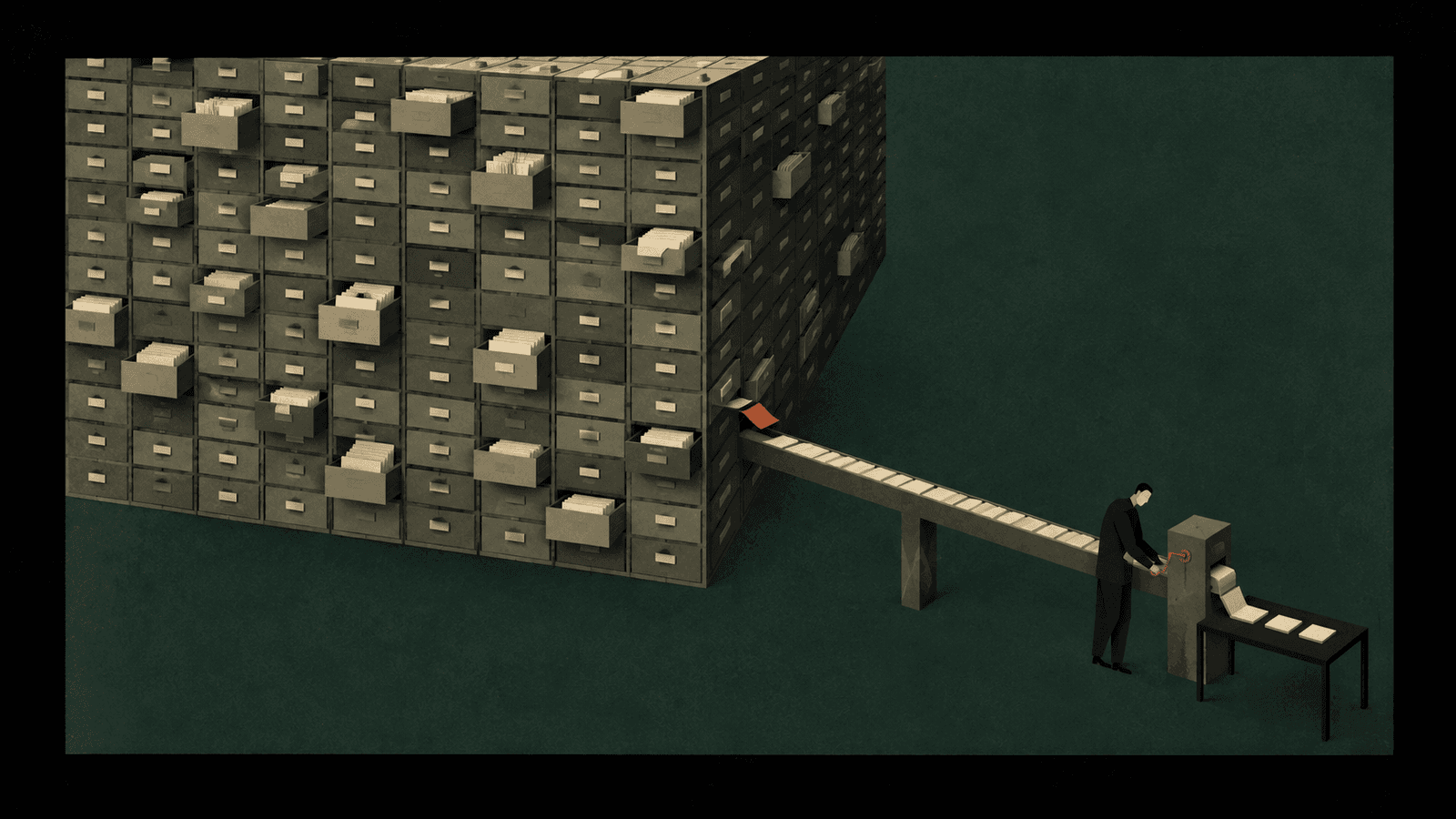 A monumental archive of paper inputs narrows through a small output mechanism toward exactly three finished cards while a tiny founder stands beside it.