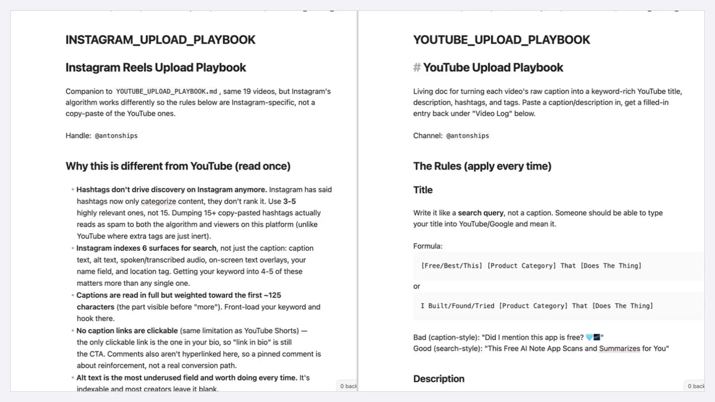Obsidian showing the original Pocket Orbit Instagram and YouTube upload playbooks side by side. The Instagram file says it covers the same 19 videos as the YouTube file.