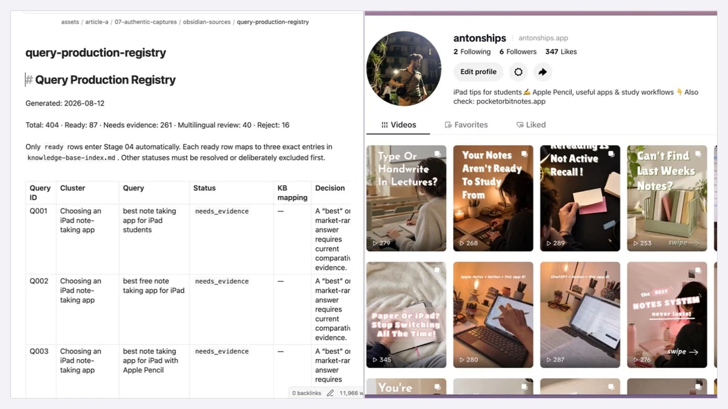 The original Pocket Orbit query production registry open in Obsidian beside the live @antonships.app TikTok profile and its published carousel grid.