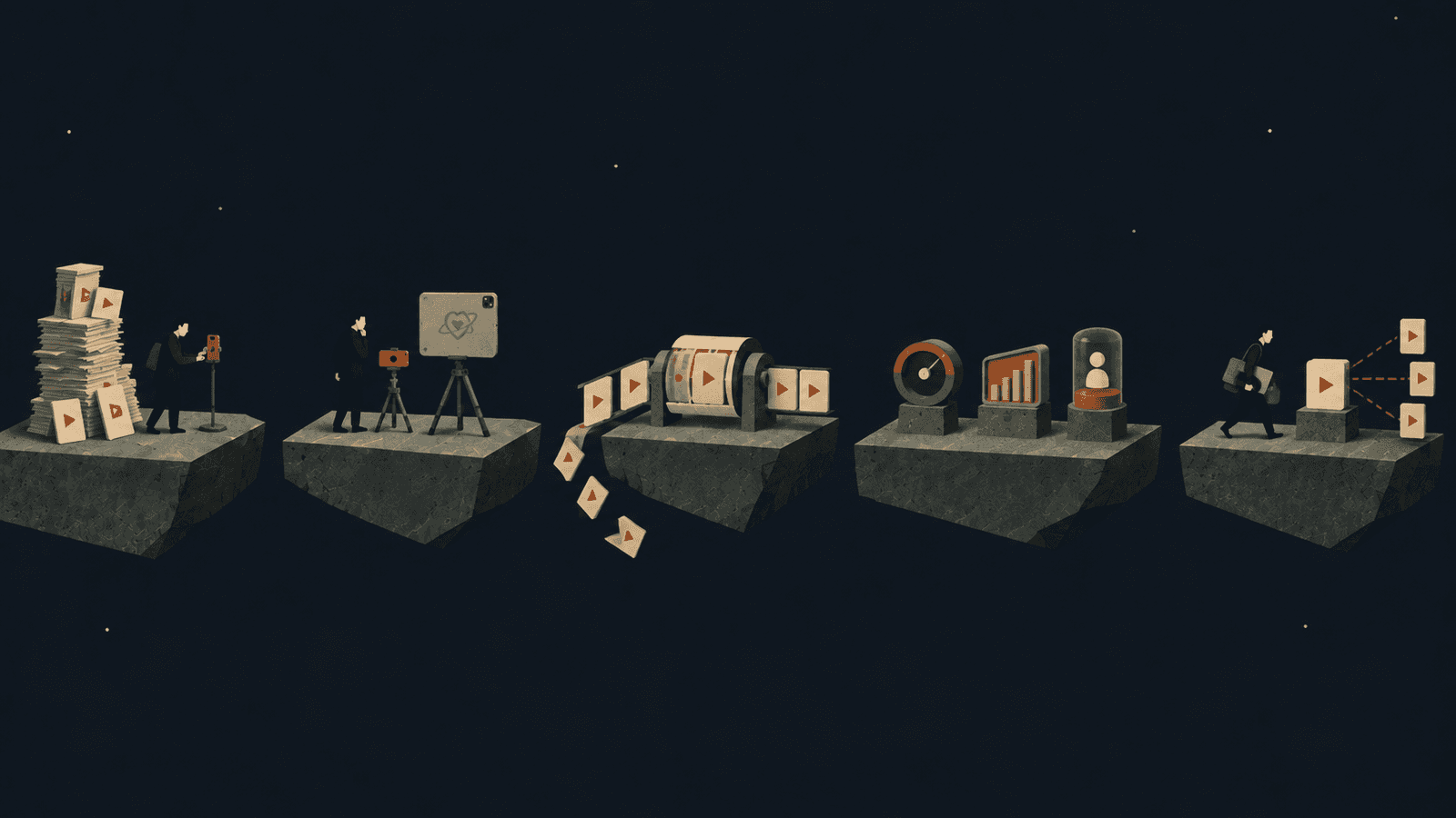 Editorial cut-paper scene in deep space showing a solo founder moving from piles of short-form video files through phone and iPad recording, retention review, separate analytics systems, and an organised cross-platform output.