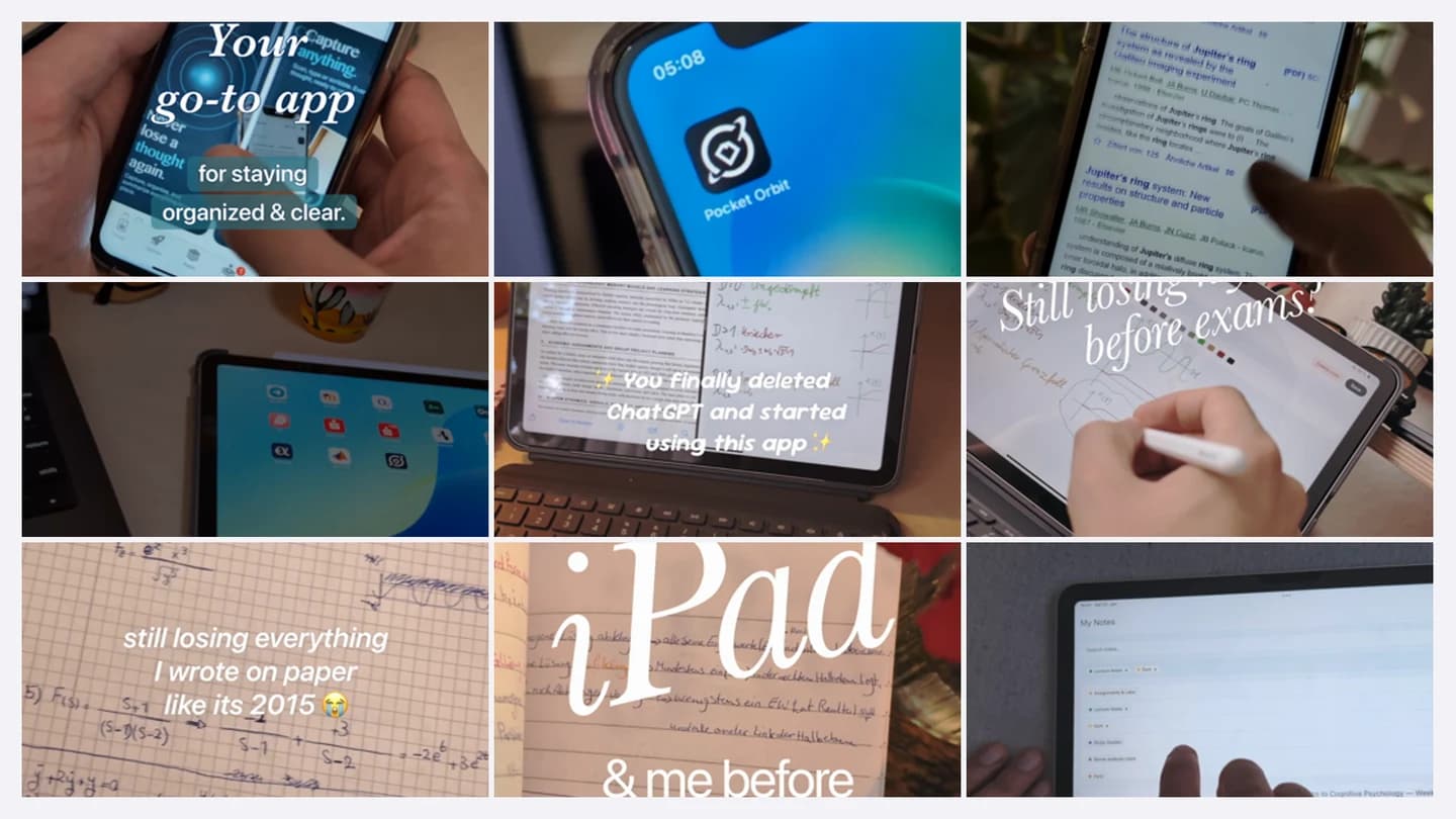 Nine stills from Anton Rost's Pocket Orbit videos showing early phone-based app demos, paper-note problems, and later iPad-first product footage filmed across several production weeks.