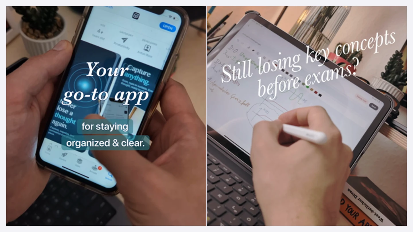 Side-by-side frames from Pocket Orbit videos: an early close-up phone demo on the left and a later, larger iPad product demonstration on the right.