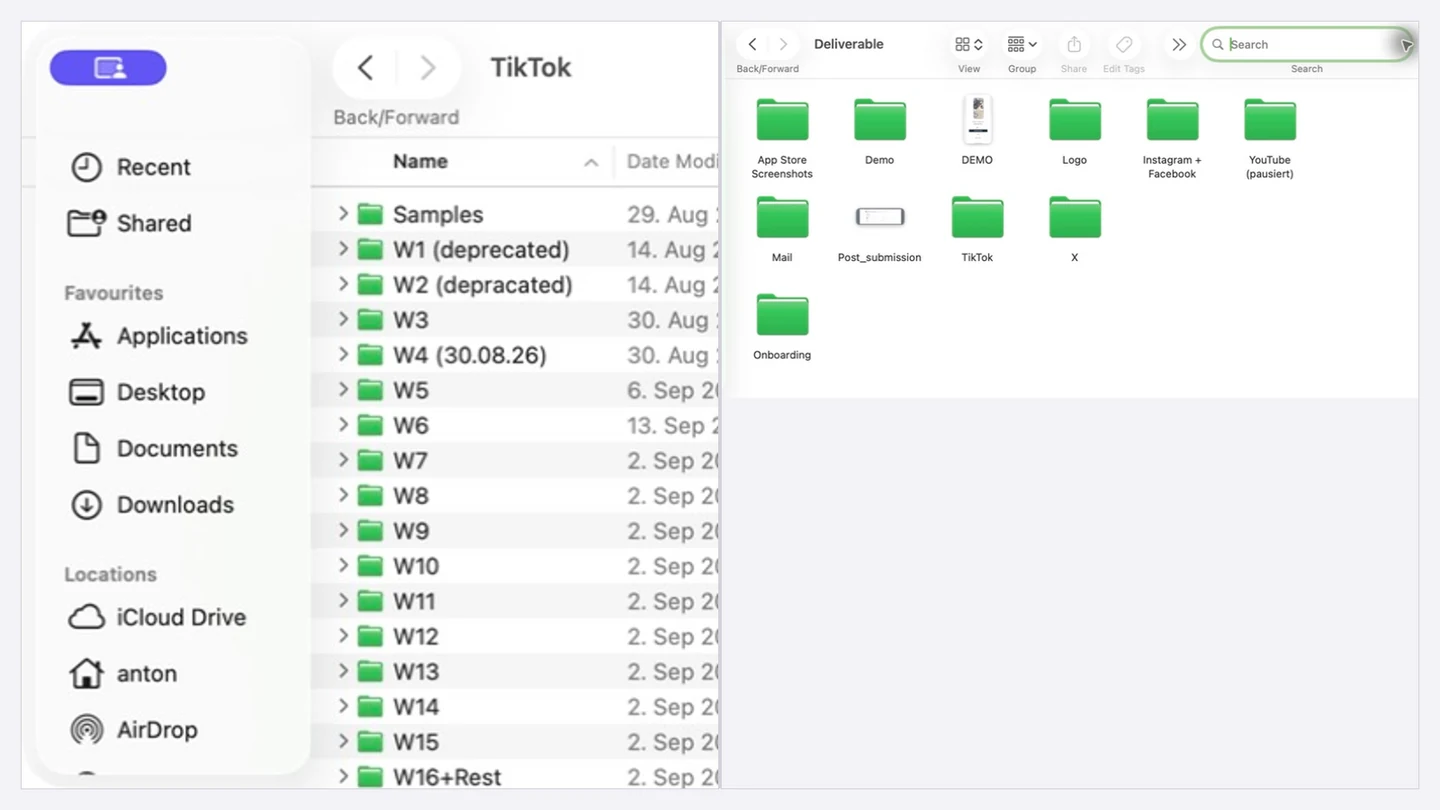 Side-by-side Finder captures showing sixteen weekly Pocket Orbit TikTok folders and the wider deliverables library containing TikTok, YouTube, Instagram and Facebook, X, demo, logo, and App Store assets.